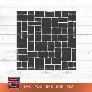 May include: A digital design featuring a repeating pattern of dark gray stone blocks with white grout lines. The design is square and suitable for various digital applications. The bottom of the image includes the text "SVG PNG EPS DXF PDF".