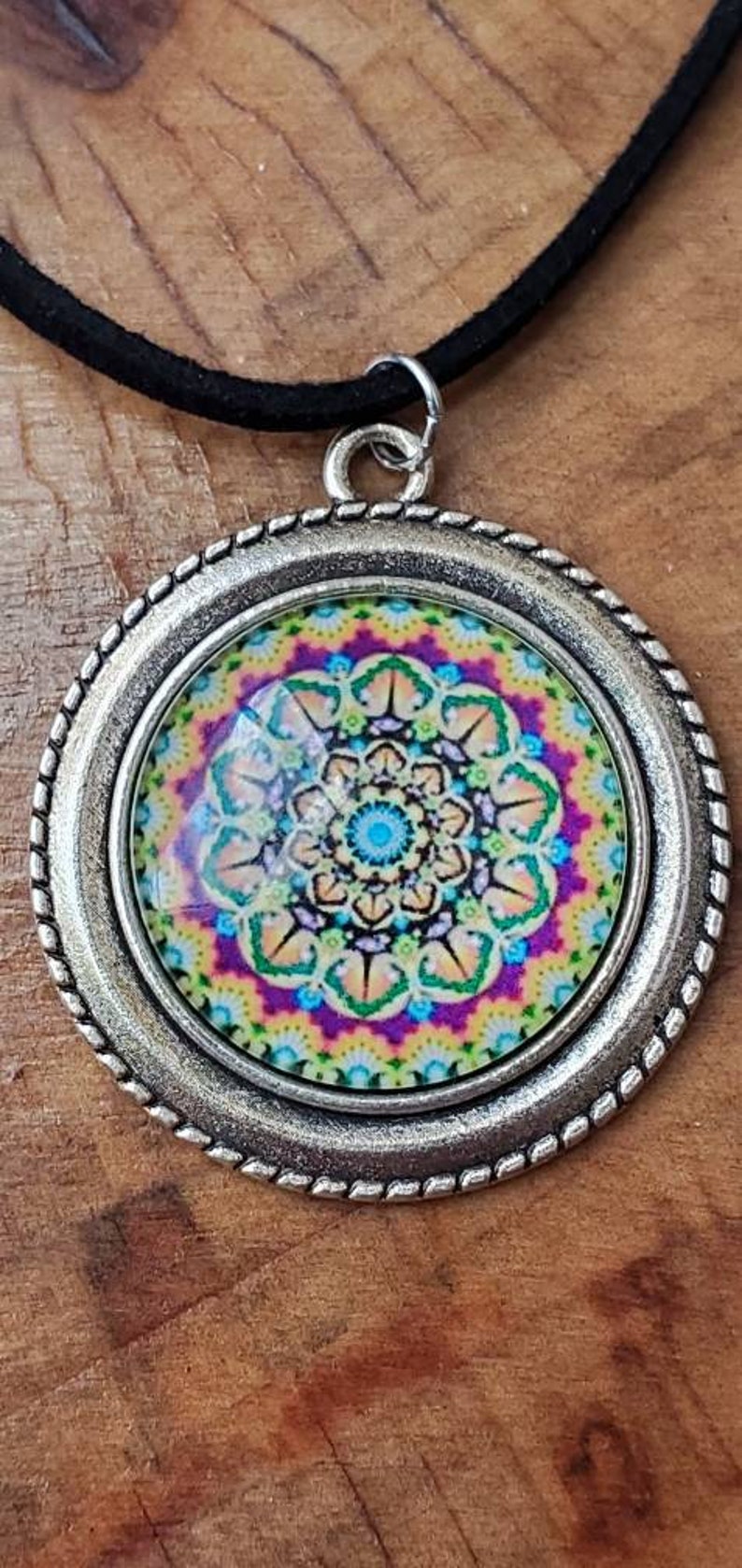 Beautiful black suede necklace with silver colorful mandala pendant