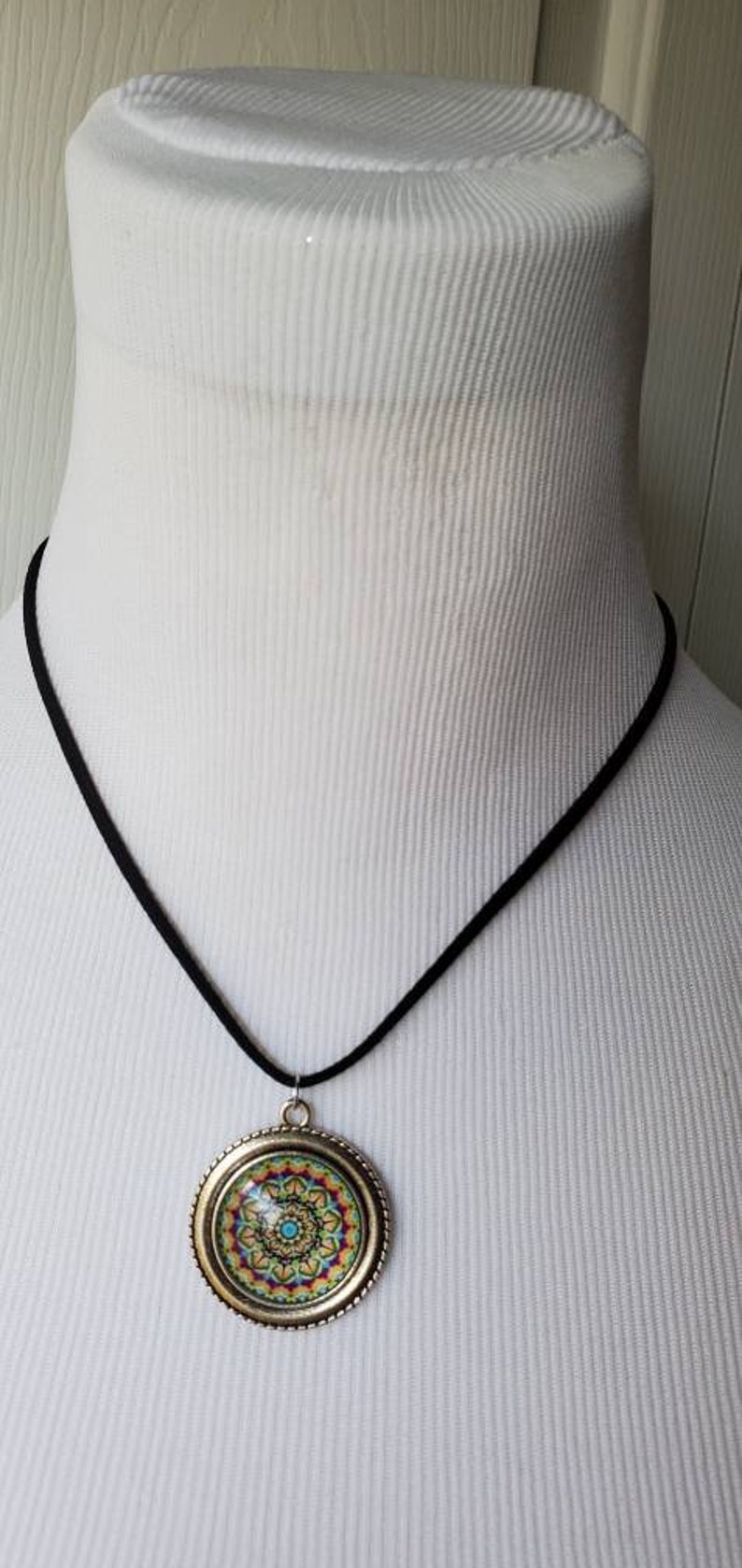 Beautiful black suede necklace with silver colorful mandala pendant