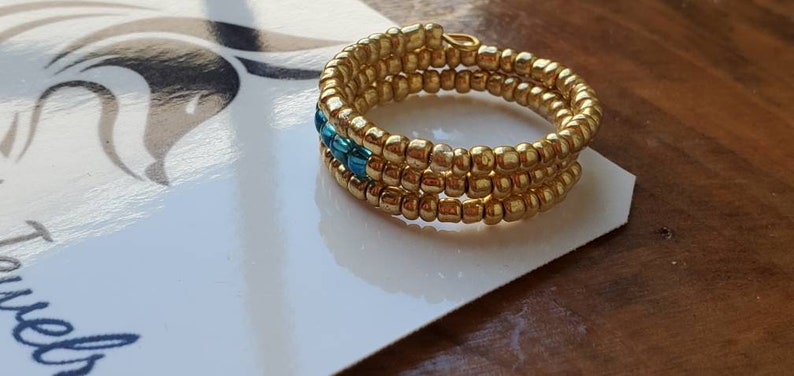Gold and aqua beads gold memory wire ring