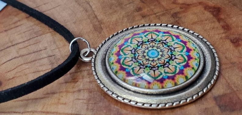 Beautiful black suede necklace with silver colorful mandala pendant