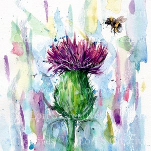 Thistle and bee print, watercolour thistle, watercolour bee, bee picture, bee painting, Scottish gift, framable print, Scottish heritage