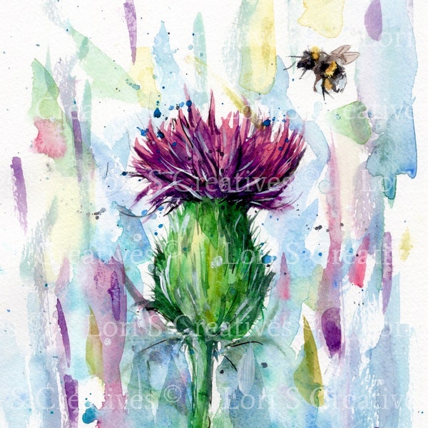 Thistle and bee print, watercolour thistle, watercolour bee, bee picture, bee painting, Scottish gift, framable print, Scottish heritage