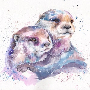 Otters watercolour print, otter painting, Otter picture, Otter gift, wall, art, home decor, purple otters