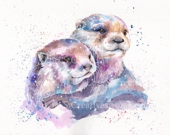 Otters watercolour print, otter painting, Otter picture, Otter gift, wall, art, home decor, purple otters