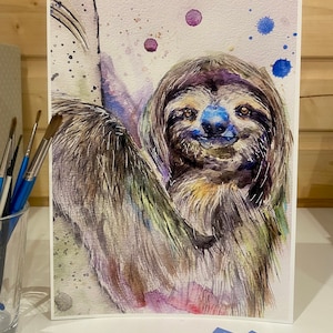 Sloth painting, watercolour, sloth picture, print, gift, three toed sloth