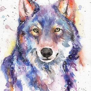 May include: Watercolour painting of a wolf's head with a purple, blue and pink colour scheme. The wolf has a light brown nose and yellow eyes. The background is white with colourful splatters.