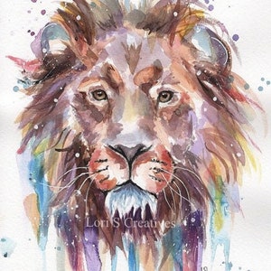 May include: Watercolor painting of a lion's face with a colorful background. The lion has a brown mane and a white beard. The background is a mix of purple, blue, and yellow.
