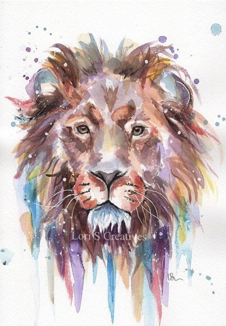 May include: Watercolor painting of a lion's face with a colorful background. The lion has a brown mane and a white beard. The background is a mix of purple, blue, and yellow.