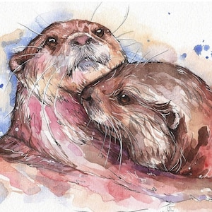 Otters watercolour print, otter picture, gift, print, picture, wall art, home decor, otterly love you, wildlife art work