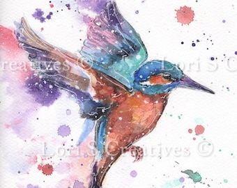kingfisher print, watercolour print, kingfisher art work, gift, wall art, home decor