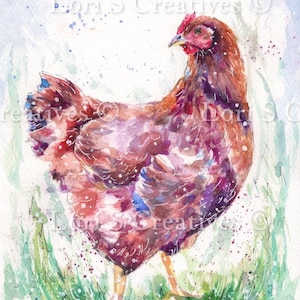 Hen print, chicken picture, watercolour chickens, home decor, wall art, farmhouse decor, gift