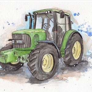 John Deere, green tractor, tractor print, watercolour picture, farming picture, farming gift, young farmer, wall art, home decor, nursery