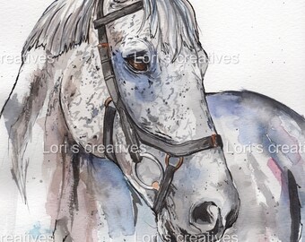 Watercolour horse print, horse picture, horse gift, wall art, pony, home decor, horse lover, equestrian, white horse