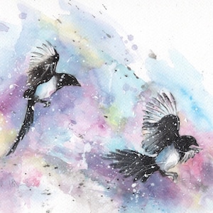 magpies picture, watercolour art, print, two magpies, two for joy, home decor, wall art, gift