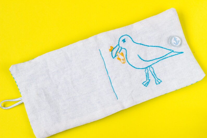 Needle book Seagull embroidery sewing needle case gift for sewer white linen fabric handmade stitch 6 blue felt pages