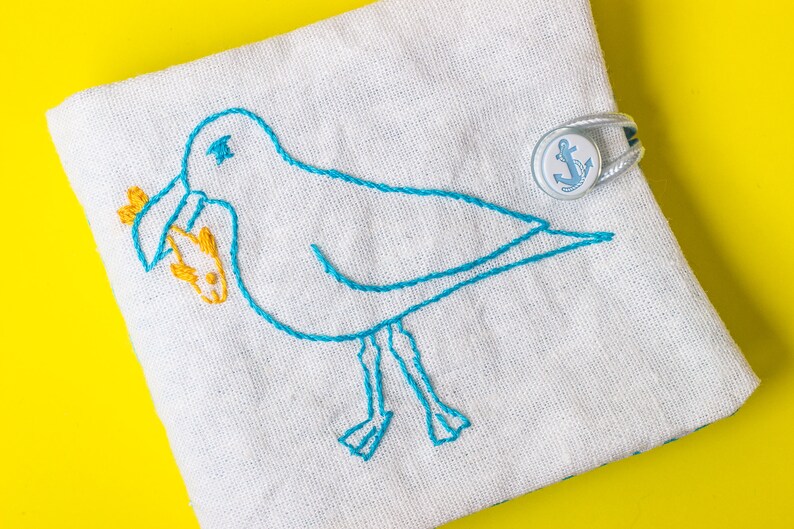 Needle book Seagull embroidery sewing needle case gift for sewer white linen fabric handmade stitch 6 blue felt pages