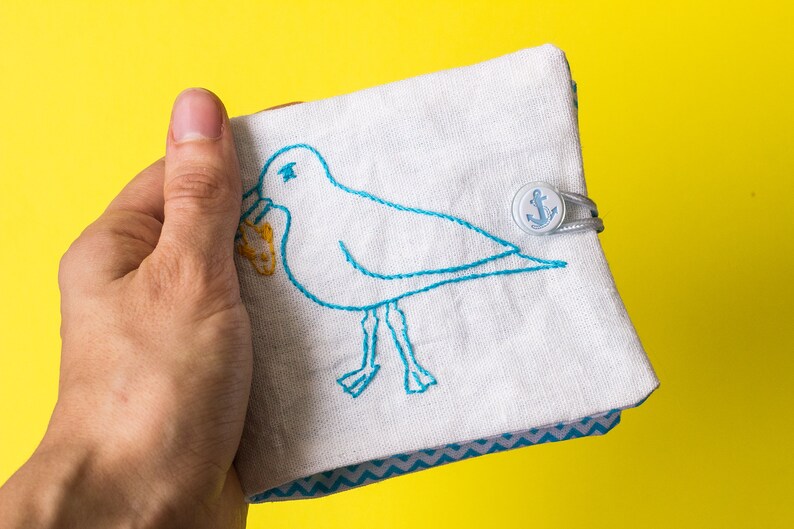 Needle book Seagull embroidery sewing needle case gift for sewer white linen fabric handmade stitch 6 blue felt pages