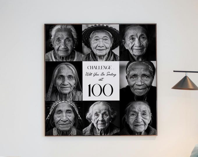 Featured listing image: Ageless Beauty: Black & White Photo Montage of 100-Year-Old Ladies | Instant Printable Wall Art | 8 Portraits + Quote Poster