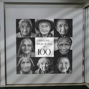 Sorridere a 100 anni – Collage fotografico in bianco e nero di donne centenarie / Arte murale stampabile / 8 ritratti + poster con citazione