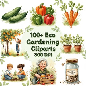 Eco Gardening Clipart Bundle: 100 PNGs for Stickers, Labels (Digital Download)