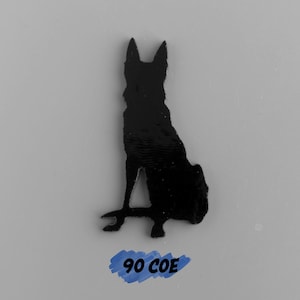 May include: Black silhouette of a dog sitting on a skateboard. The text "90 COE" is written in blue on a white background.