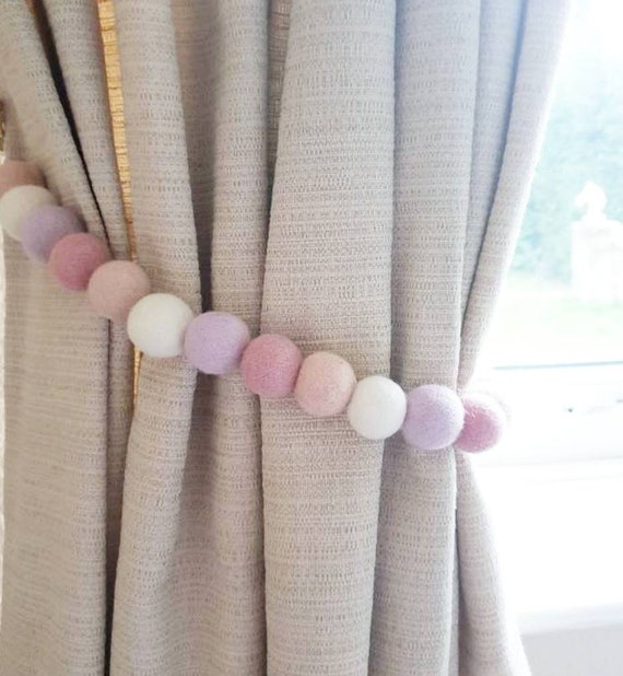Felt Ball Curtain Tiebacks Pink Purple Pom Pom Nursery Tie Etsy