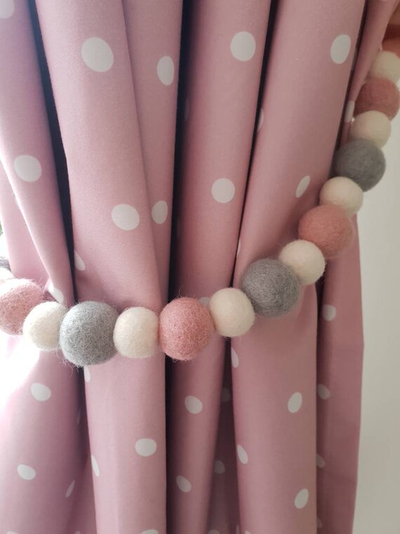 Feltball Curtain Tie Backs Pink Silver Grey White Pom Etsy
