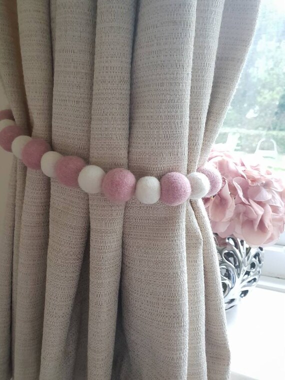 Felt Ball Curtain Tiebacks Pink White Pom Pom Tie Backs Etsy