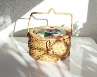Vintage sewing box/china/storage basket/reed