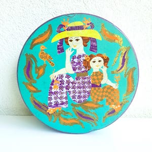 Op de afbeelding: Een ronde, vintage blikken doos met een turquoise achtergrond en een decoratieve illustratie. De illustratie toont twee vrouwen in jurken en hoeden, met vogel- en bladaccenten. De doos heeft een gouden rand en wordt waarschijnlijk gebruikt voor opslag.