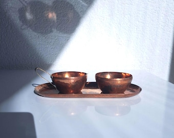 Vintage copper sauce bowls / Set on a tray | Handmade hammered copper | Retro kitchen decor / Handcrafted