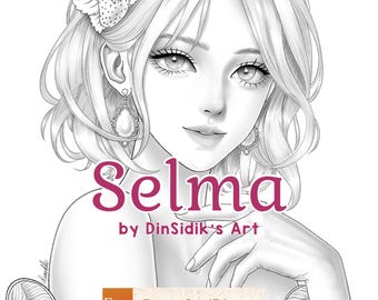 May include: Black and white line art drawing of a woman with short hair, wearing earrings and a flower crown. The woman's name is Selma, and the art is by DinSidik's Art. The image also includes the text "Etsy RuangSeniDinny".