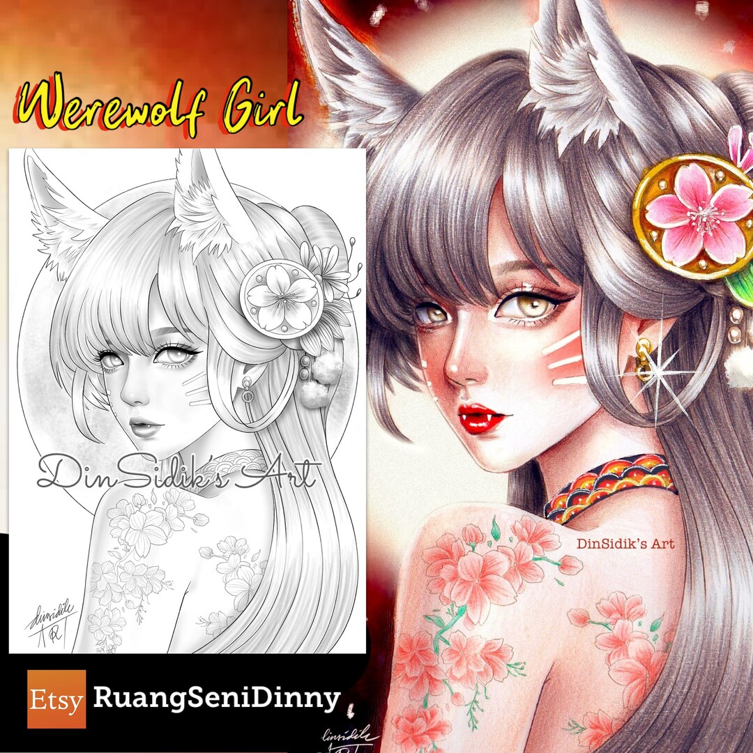 Werewolf Girl Coloring Page Etsy Portugal
