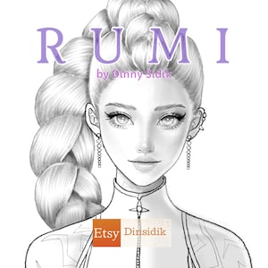 Op de afbeelding: Zwart-wit illustratie van een vrouw met een gevlochten kapsel. Het woord "RUMI" staat in paars boven het hoofd van de vrouw, met "by Dinny Sidik" eronder. Het Etsy-logo staat linksonder.