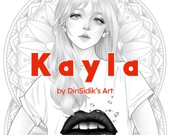 May include: Black and white illustration of a woman with long hair wearing a white t-shirt with a black lips design and the text "Kayla by DinSidik's Art".