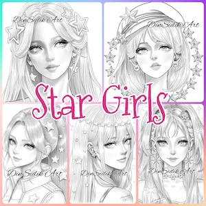 May include: A digital illustration of four girls with star-shaped accessories and hair. The girls are drawn in a black and white style. The text "Star Girls" is written in a large, bold font across the middle of the image.