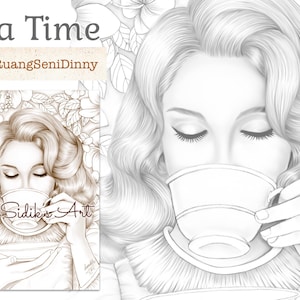 Könnte beinhalten: Eine Schwarzweiß-Zeichnung einer Frau mit geschlossenen Augen, die aus einer Teetasse trinkt. Die Frau ist von Blumen und Blättern umgeben. Der Text "Tea Time" befindet sich oben im Bild, und der Text "Etsy RuangSeniDinny" befindet sich darunter. Der Text "Din Sidik's Art" befindet sich unten im Bild.