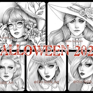 Pode incluir: Uma colagem de quatro ilustrações em preto e branco de mulheres em trajes de bruxa. O texto "HALLOWEEN 2022" está em vermelho na parte inferior da imagem.
