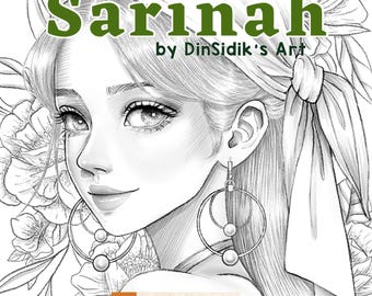 May include: A black and white pencil drawing of a woman with long hair wearing a headscarf and large hoop earrings. The drawing is titled "Sarinah by DinSidik's Art" and includes the text "Etsy RuangSeniDinny".