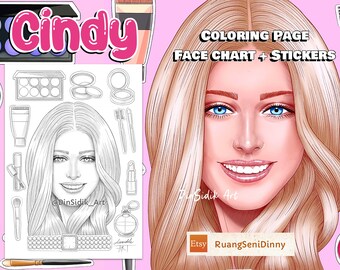 Cindy, pagina da colorare, grafico del viso + adesivi