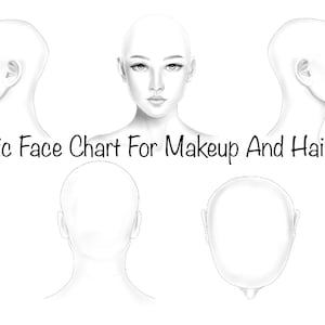Op de afbeelding: Een witte illustratie van een gezichtskaart voor make-up en kapselontwerp. De kaart bevat aanzichten van voren, opzij en van achteren van een kale kop. De tekst "Basic Face Chart For Makeup And Haircut" is geschreven in zwart cursief.