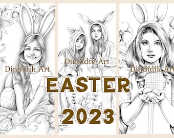 Coloriages de Pâques 2023 par Dinny Sidik (DinSidik), 100 % illustration dessinée à la main.