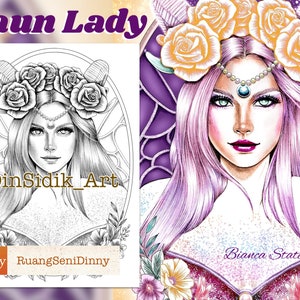 May include: A black and white line drawing of a faun lady with a crown of roses on her head. The drawing is in a circular frame with a floral design. The text "@DinSidik_Art" is below the drawing. The text "Etsy RuangSeniDinny" is below the frame. The right side of the image shows a colored version of the faun lady with a purple background and a crown of yellow roses. The text "Bianca State" is below the image.