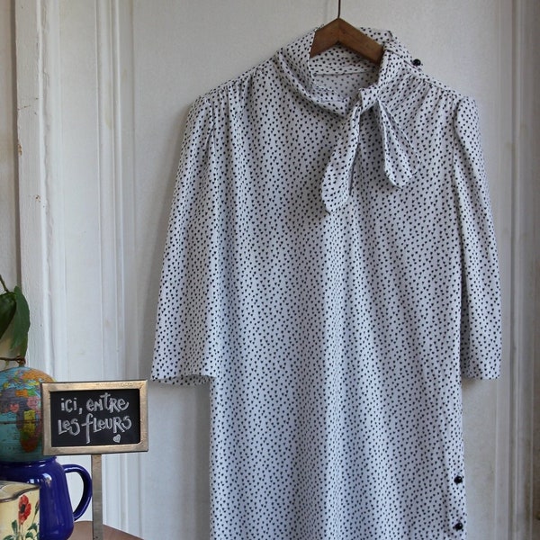 Robe blanche demi-saison à manches 3/4  - imprimé plumetis - Taille 40-42 - M/L - Vintage Made in France