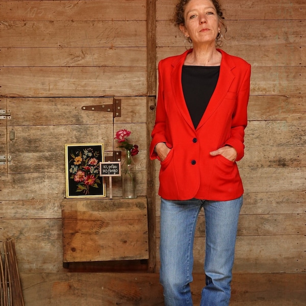 Veste blazer femme rouge, passepoils et boutons marine, Perceval années 60/70 France - Taille 36/38 - Vintage