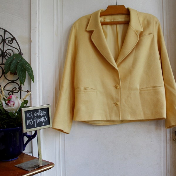 Veste de laine Jaune paille, Woolmark made in France - Pure laine vierge - Taille 38 - Vintage