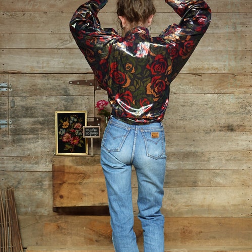 Lightweight jacket / blouse crazy shiny floral - Vintage 80s - shops Made in France, Corinne creations - Size M