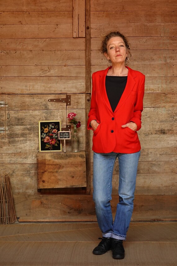 Women's red blazer jacket, piping and navy buttons, Perceval 60s/70s France - Size 36/38 - Vintage