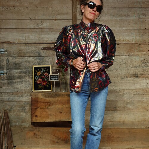 Lightweight jacket / blouse crazy shiny floral - Vintage 80s - shops Made in France, Corinne creations - Size M